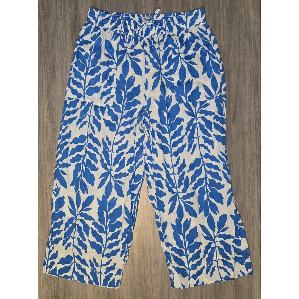 Rachel Zoe 100% Linen Blue White Leaf Print Wide Leg Pants Tropical Resort Sz L